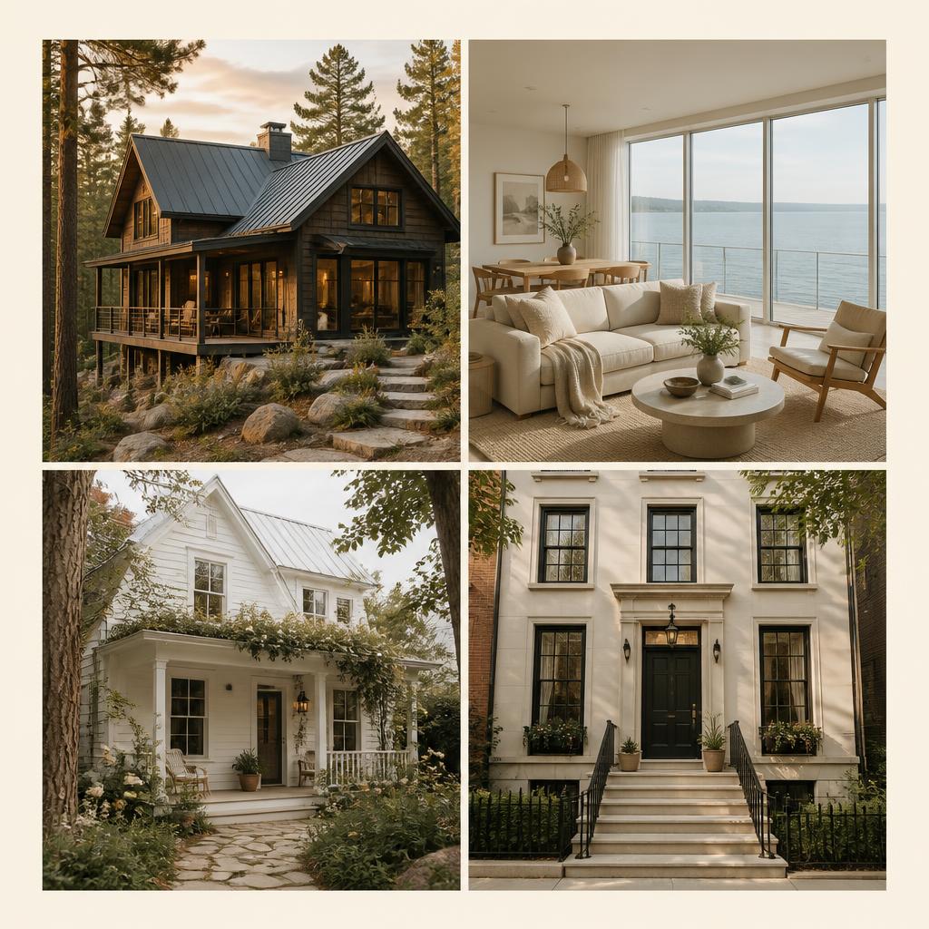 A soft collage of vacation rental properties including a mountain cabin, coastal condo, cottage, and boutique townhome