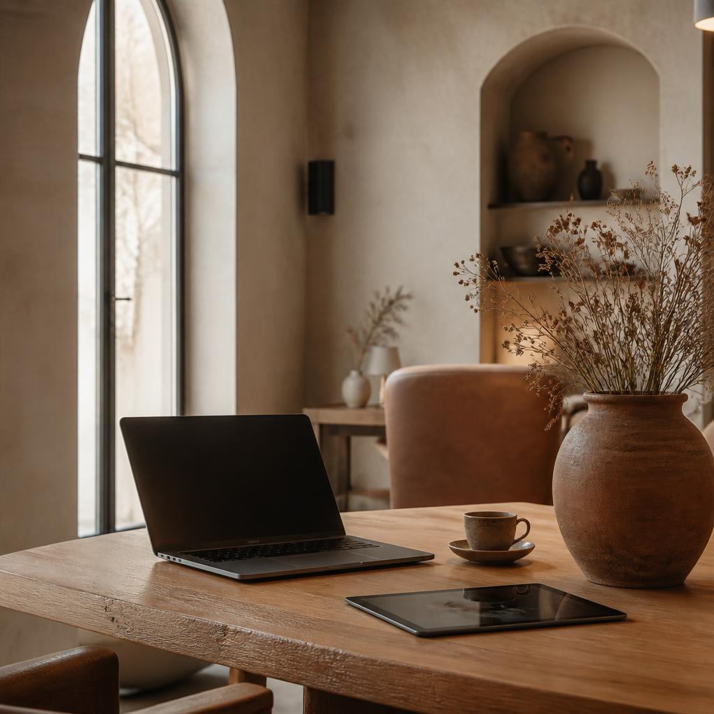 A warm, refined workspace with a laptop and tablet on a natural oak table, bathed in soft light from an arched window
