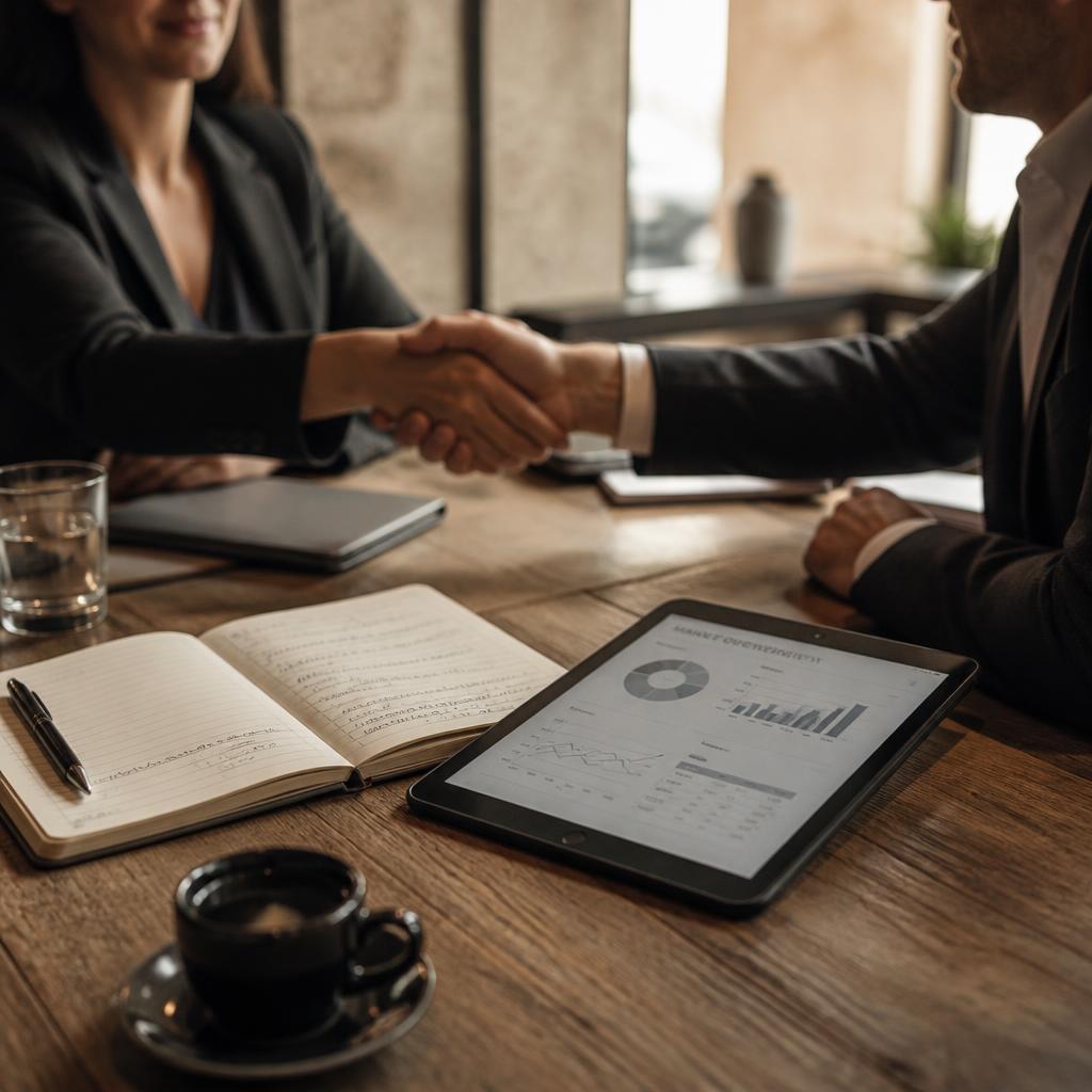Two professionals shaking hands across a wooden table with an open notebook, market research on a tablet, and espresso in a warm hospitality setting