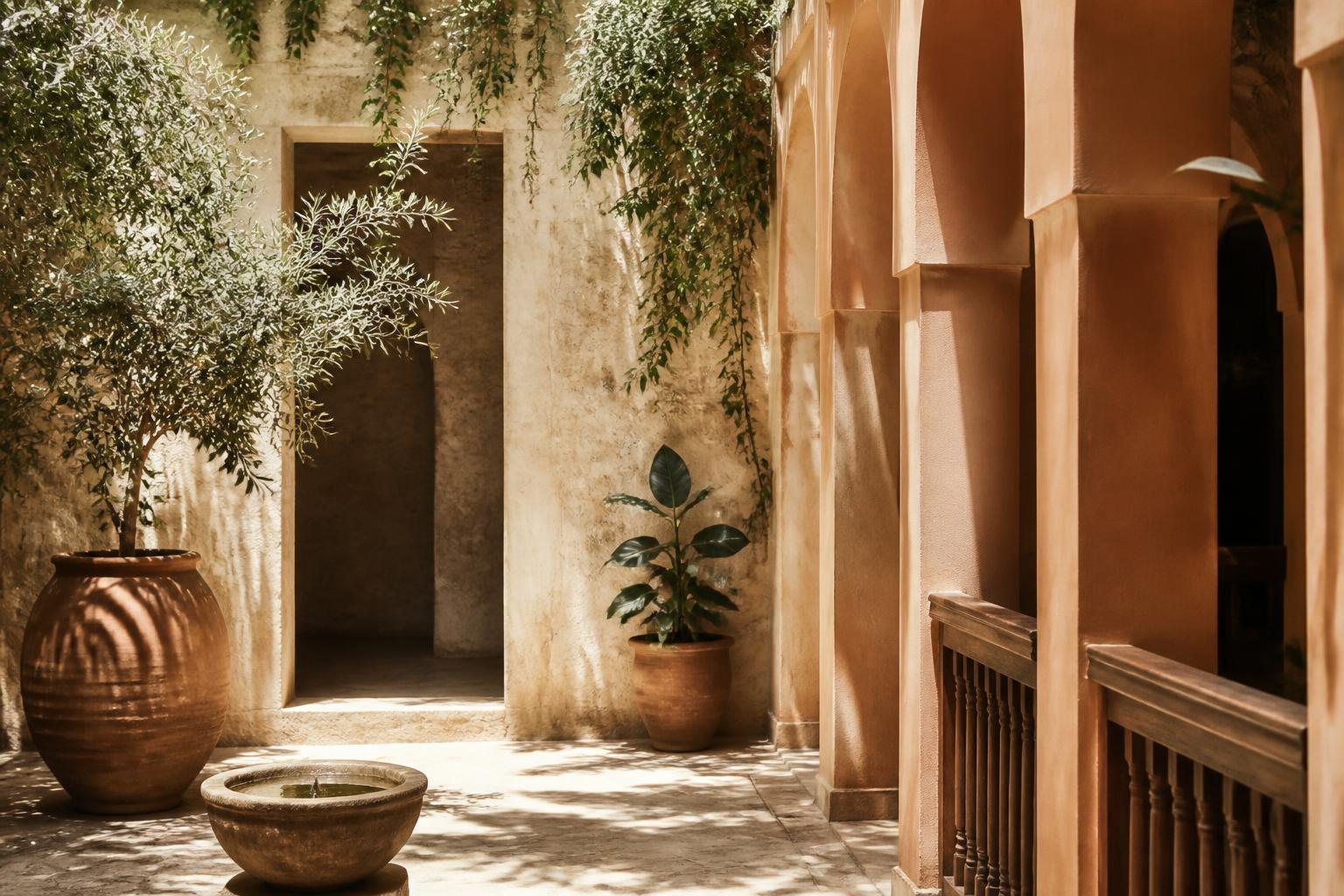 Sunlit Mediterranean courtyard with terracotta and stone