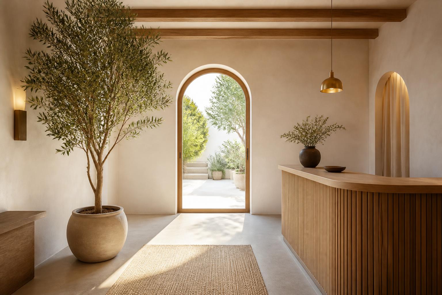 Welcoming boutique lobby with an arched doorway and natural light
