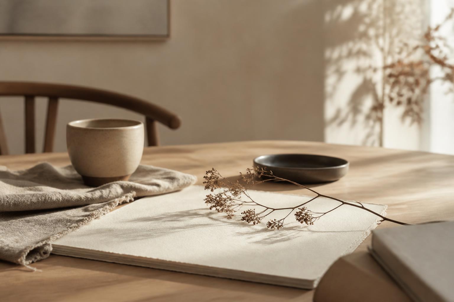 Softly lit desk with natural materials and botanicals