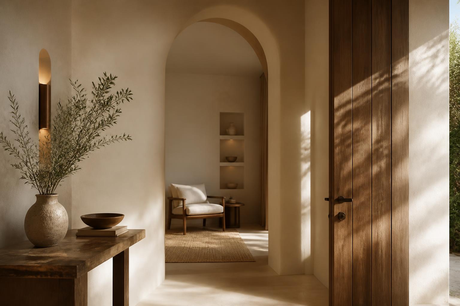 Warm, minimalist interior with an arched doorway and natural light