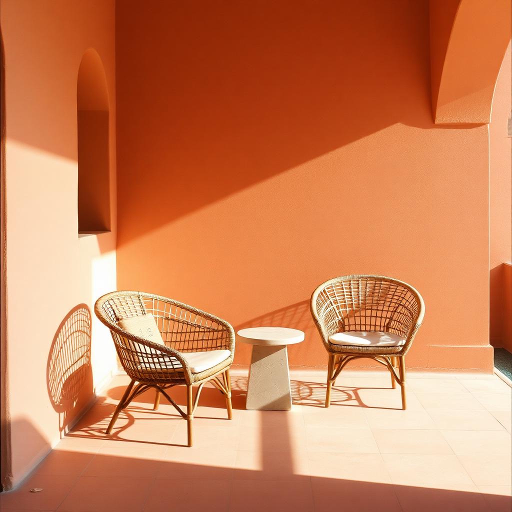 Two rattan chairs and a stone table on a sunlit terracotta terrace