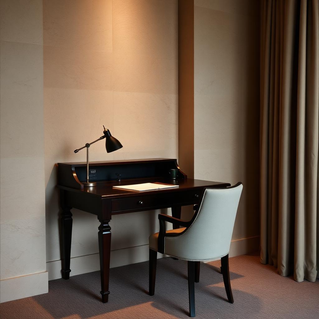 Quiet writing desk and chair in a softly lit limestone room